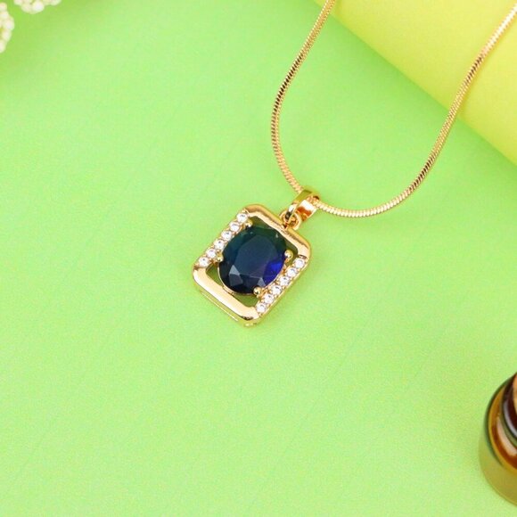 "Rose Gold Rectangle Pendant with Blue Stone and Crystal Accents, XPPT1276 - Picture 3 of 13